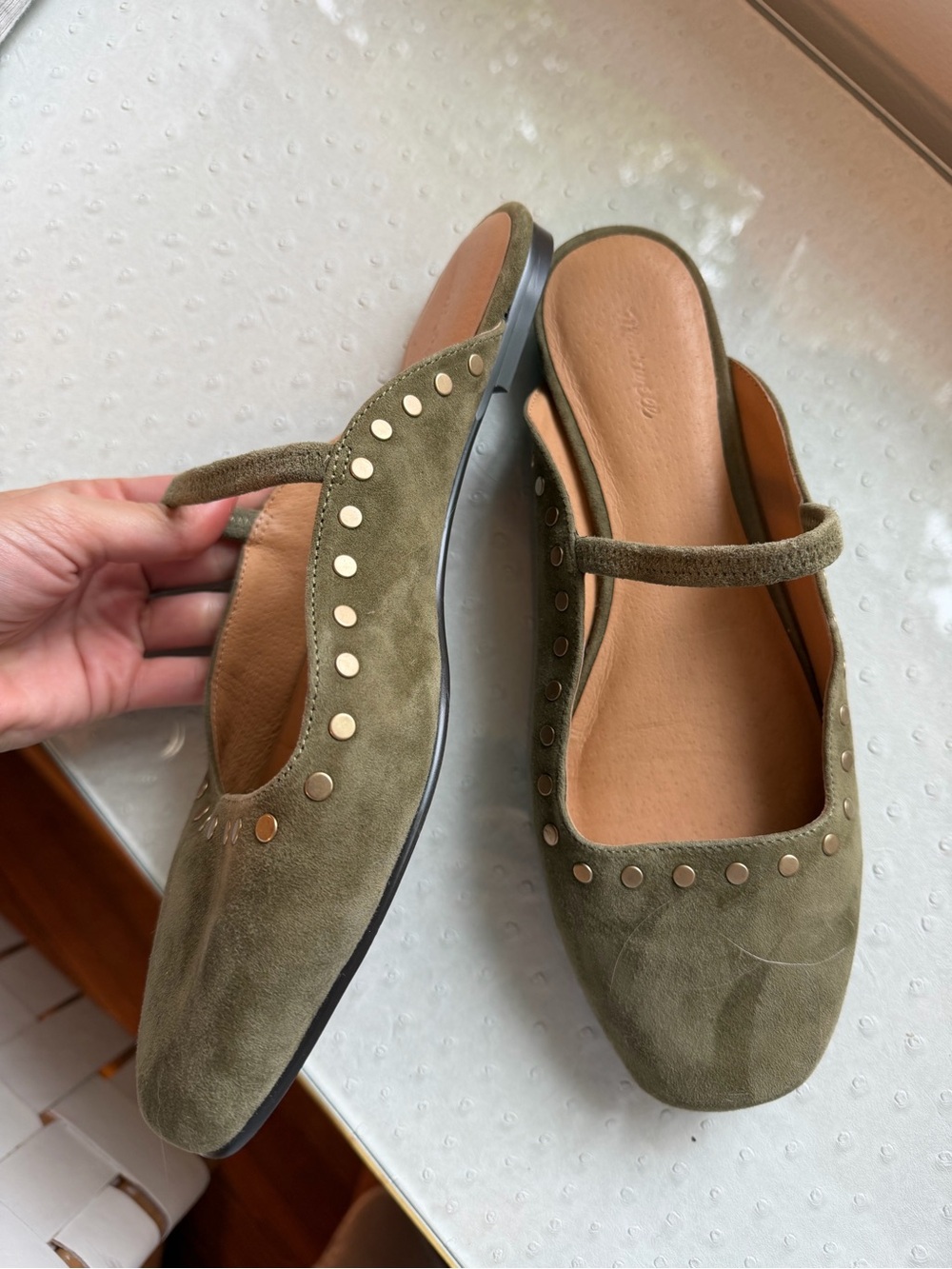 Madewell Olive Green Suede Mary-Jane Flats with Gold Studs